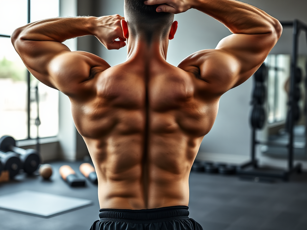 Мужчина в спортзале показывает свои muscular мышцы, стоя боком к камере. На заднем плане видны гантели.
